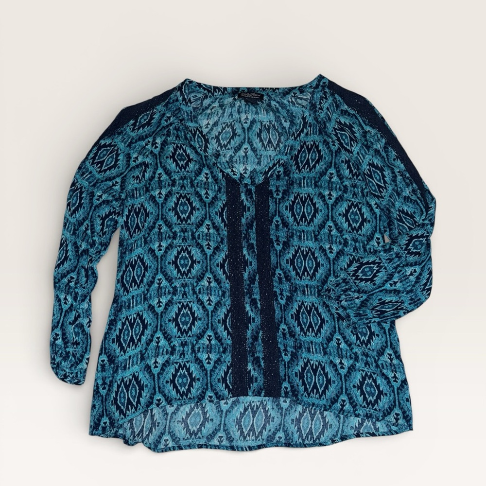 Lucky Brand Blue Teal Printed V-Neck Blouse